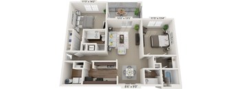 A floor plan of a two-bedroom apartment with a living room, kitchen, and bathroom.
