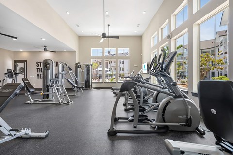 A gym with treadmills, elliptical machines, and other exercise equipment.