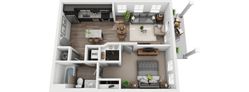 A 3D floor plan of a small apartment with a kitchen, living room, and bedroom.