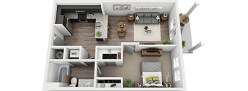 A 3D floor plan of a small apartment with a kitchen, living room, and bedroom.