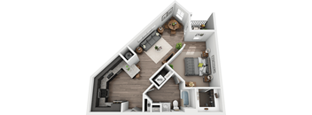 A 3D floor plan of a house with a living room, dining room, kitchen, and bathroom.