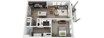 A 3D rendered image of a small apartment layout.