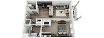 A 3D floor plan of a small apartment with a living room, kitchen, and bedroom.