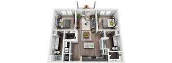 A 3D floor plan of a house with two bedrooms, a living room, a kitchen, and a bathroom.
