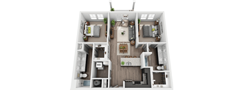 A top-down view of a small apartment with a kitchen, living room, and bedroom.