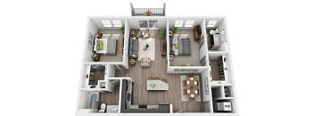 A 3D floor plan of a house showing a kitchen, living room, dining room, and bedrooms.