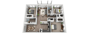 A top-down view of a house layout with a living room, dining room, kitchen, and bedrooms.