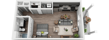 A top-down view of a living room with a grey couch and a coffee table.