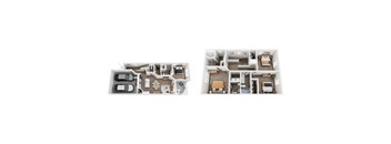 Two images of a house layout with a kitchen, living room, bedrooms and bathrooms.