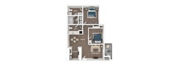 A diagram of a house layout with a living room, kitchen, dining area, and two bedrooms.