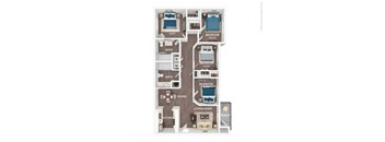 A diagram of a house layout with a living room, dining room, kitchen, two bedrooms, two bathrooms, and a porch.