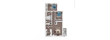 A diagram of a house layout with a living room, dining room, kitchen, two bedrooms, two bathrooms, and a porch.