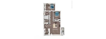 A diagram of a house layout with a living room, two bedrooms, a bathroom, a kitchen, and a porch.