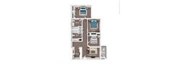 A diagram of a house layout with a living room, kitchen, and three bedrooms.