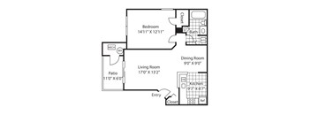 A floor plan of a home with a bedroom, living room, kitchen, dining room, and patio.