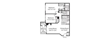 A black and white image of a floor plan for a house with two bedrooms, a living room, a dining room, a kitchen, a bathroom, a balcony or patio, and a closet.
