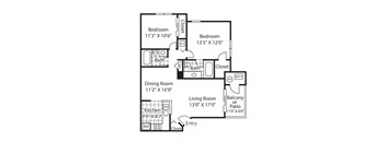 A floor plan of a house with two bedrooms, a living room, a dining room, a kitchen, a bathroom, a balcony or patio, and an entry.