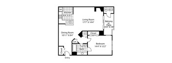 A floor plan of a home with a living room, dining room, kitchen, and bedroom.