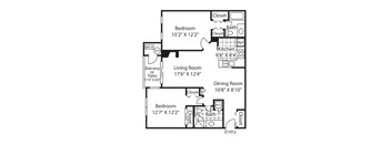 A black and white image of a floor plan for a home with a living room, dining room, kitchen, and three bedrooms.
