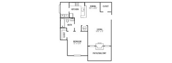 A floor plan of a house with a living room, dining room, kitchen, bathroom, bedroom, and patio/balcony.