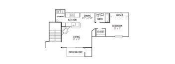 A floor plan of a small apartment with a living room, kitchen, bedroom, and bathroom.