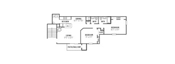 A floor plan of a house with a living room, dining room, kitchen, and two bedrooms.