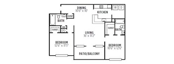 A floor plan of a house with a living room, two bedrooms, a dining area, a kitchen, a bathroom, and a patio/balcony.