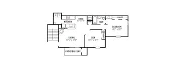 A black and white floor plan of a house with a living room, dining room, kitchen, den, bedroom, bath, and patio/balcony.