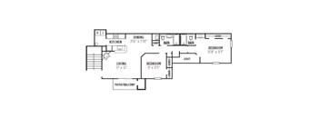 A black and white floor plan of a house with a living room, dining room, kitchen, two bathrooms, and two bedrooms.