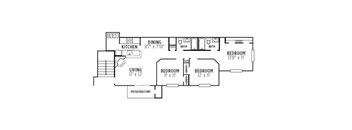 A floor plan of a house with a living room, dining room, kitchen, and four bedrooms.