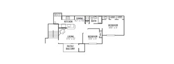 A floor plan of a house with a living room, dining room, kitchen, and three bedrooms.