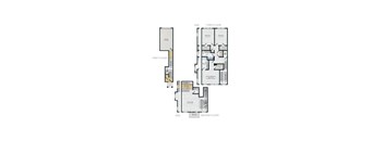 A floor plan of a three-story building with a first floor, second floor, and third floor.