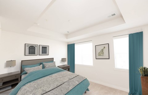 A bedroom with a large bed and two windows.
