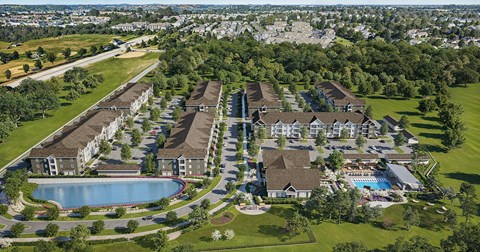 A bird's eye view of a residential complex with a swimming pool.