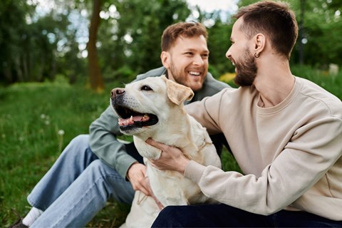Two men and a dog are sitting in a grassy area.