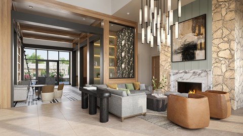 A modern living room with a fireplace and a large painting on the wall.