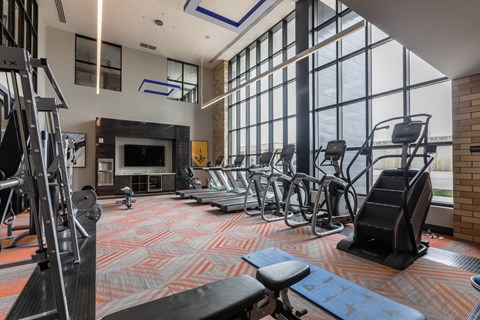 A gym with a variety of equipment including treadmills, stationary bikes, and weight machines.