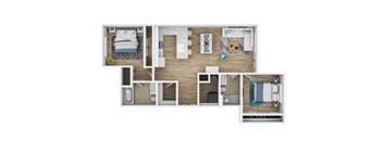 A floor plan of a house with a bedroom, bathroom, kitchen, and living room.