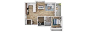 A top-down view of a small apartment with a living room, kitchen, and bathroom.