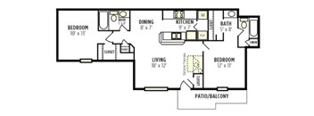 A floor plan of a house with a living room, dining room, kitchen, and two bedrooms.