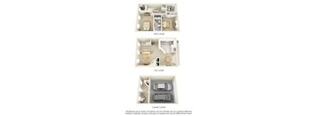 A diagram shows a three-level apartment layout with a kitchen, living room, bedrooms, and bathrooms.