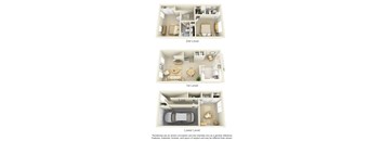 Three images showing a top-down view of a house with two levels and a lower level.