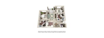 A 3D floor plan of a house with a kitchen, living room, and two bedrooms.