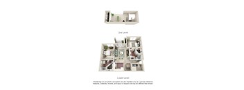 A floor plan of a two-level apartment with a kitchen, living room, and bedrooms.