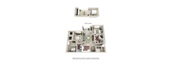 A floor plan of a two-story apartment with a living room, kitchen, and bedrooms.