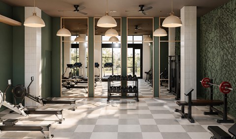 A gym with a green wall and a checkered floor.