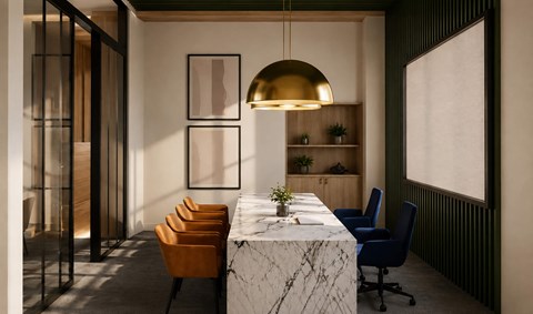 A modern conference room with a marble table and chairs.