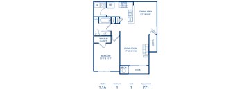 A blueprint of a small apartment layout with a living room, bedroom, and bathroom.
