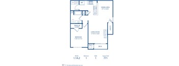 A blueprint of a house layout with a living room, dining area, and two bedrooms.