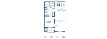 A floor plan of a one bedroom apartment with a living/dining room.